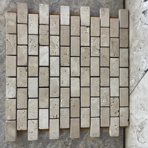 Ivory Travertine 1x2 Tumbled Mosaic