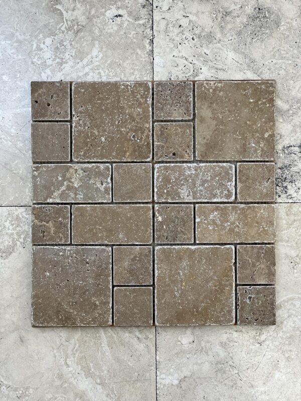 Noce Mini V/P 12x12 Brown Tumbled Travertine Mosaic 1