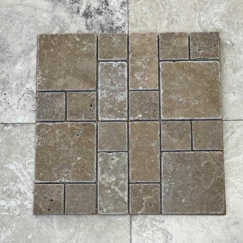 Noce Mini V/P 12x12 Brown Tumbled Travertine Mosaic 0