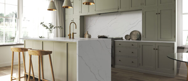 Calacatta Laza 112x26 White Polished Quartz Prefab 5